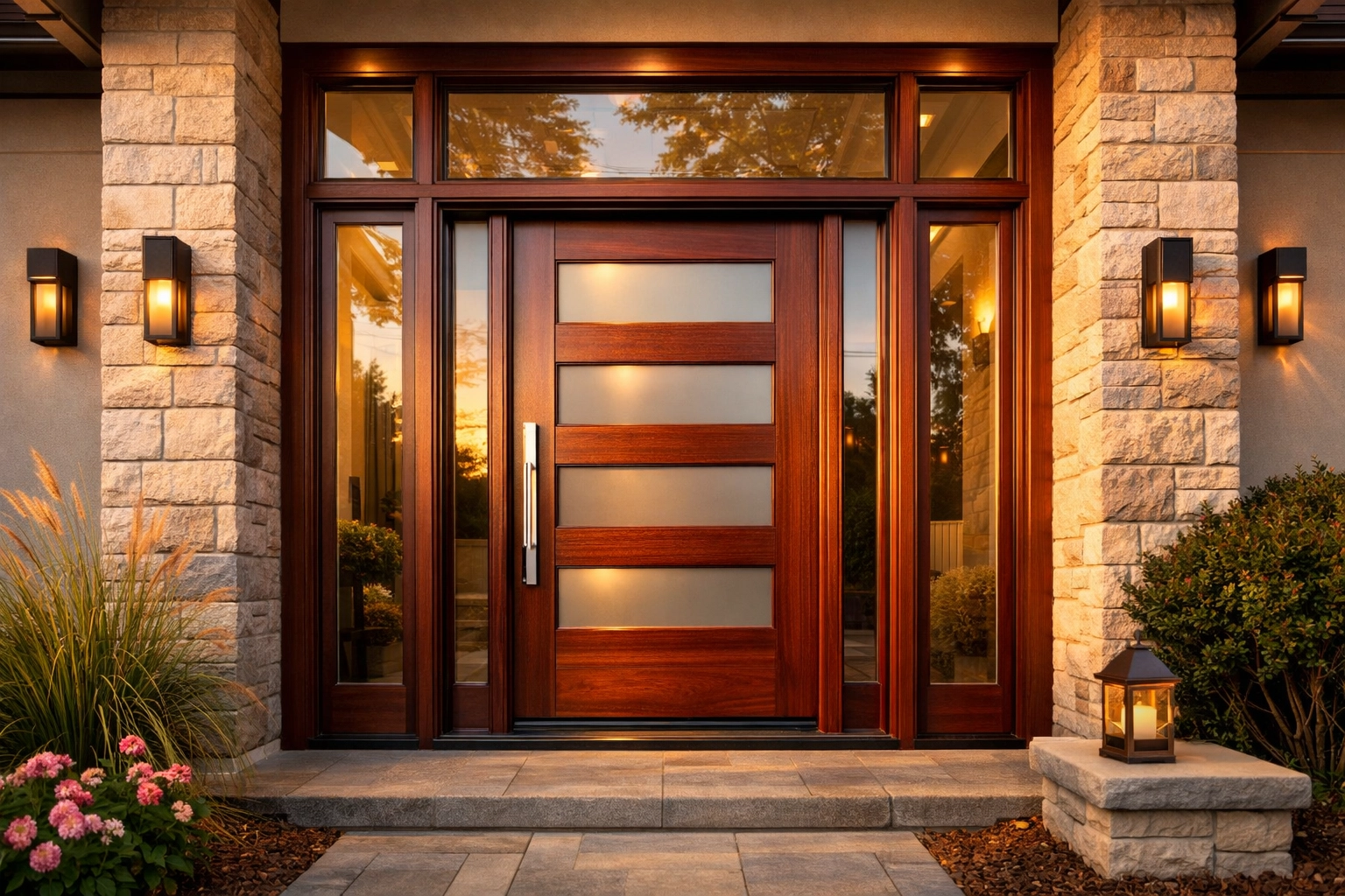 Luxury mahogany custom front door with glass panels installed in a high-end New Jersey residence.