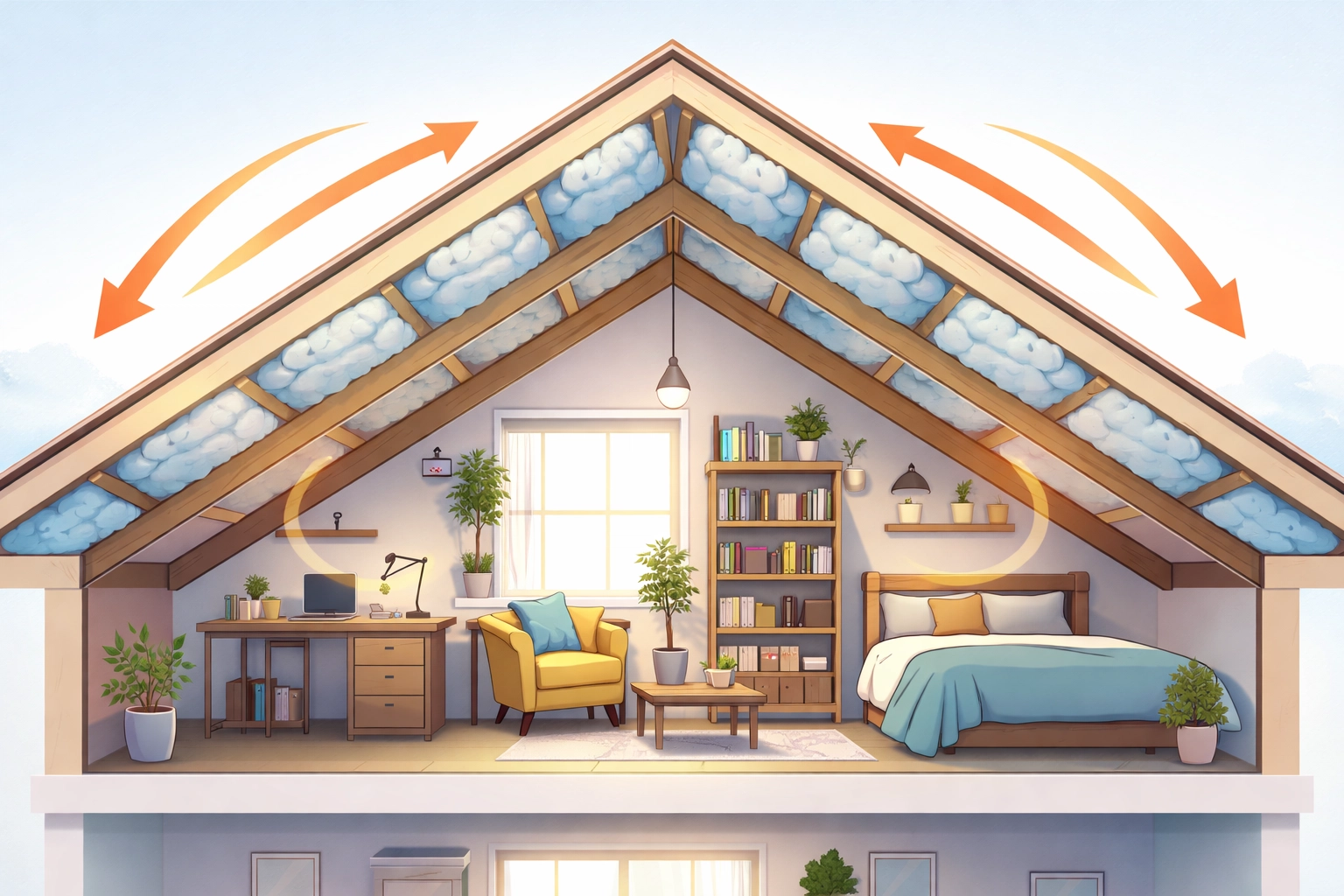 Home interior cross-section highlighting well-insulated loft and retained heat flow