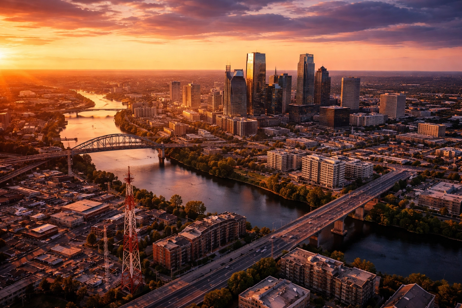Aerial view of a city skyline at sunset illustrating the value of real assets in portfolio diversification