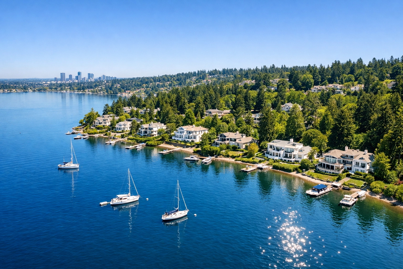 Aerial view of Meydenbauer Bay showcasing luxury West Bellevue homes for sale in the best neighborhoods of Bellevue WA.