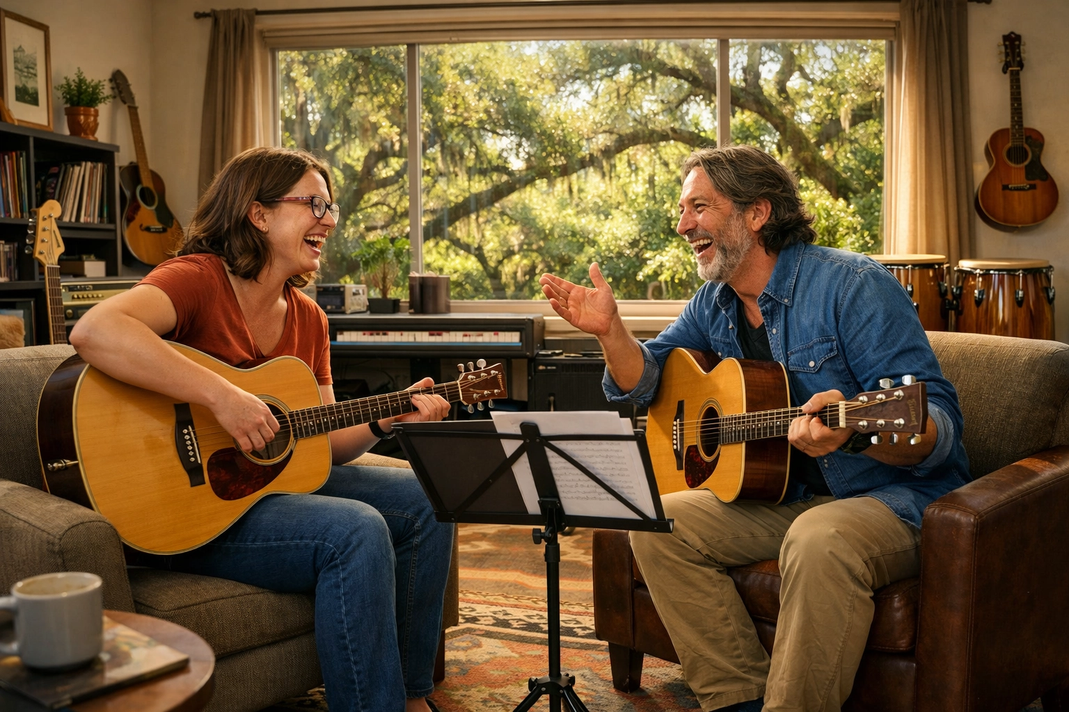 An adult student and instructor enjoying a successful one-on-one guitar lesson in a Tallahassee studio.