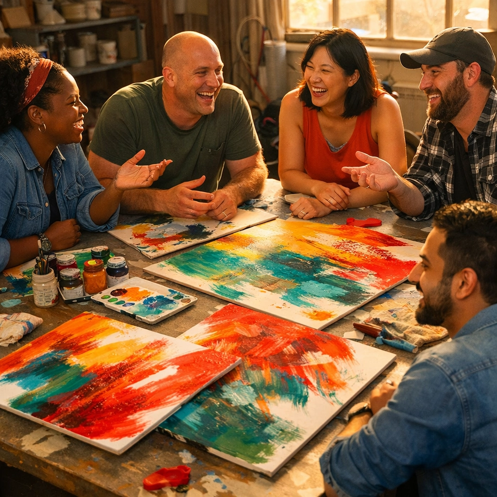 Diverse coworkers building authentic connections through art at corporate wellness workshop