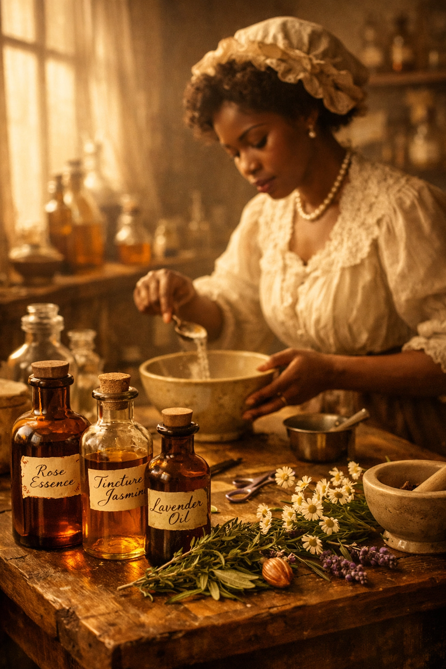 Black woman formulating beauty products in 1910s laboratory with botanical ingredients