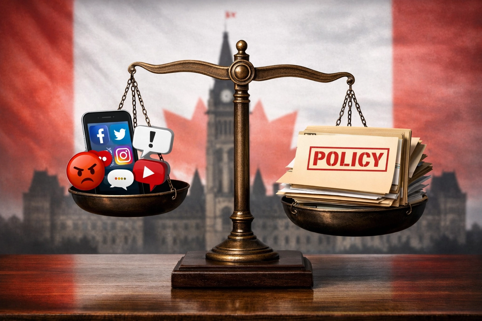 Scale balancing social media outrage against policy documents near Parliament buildings