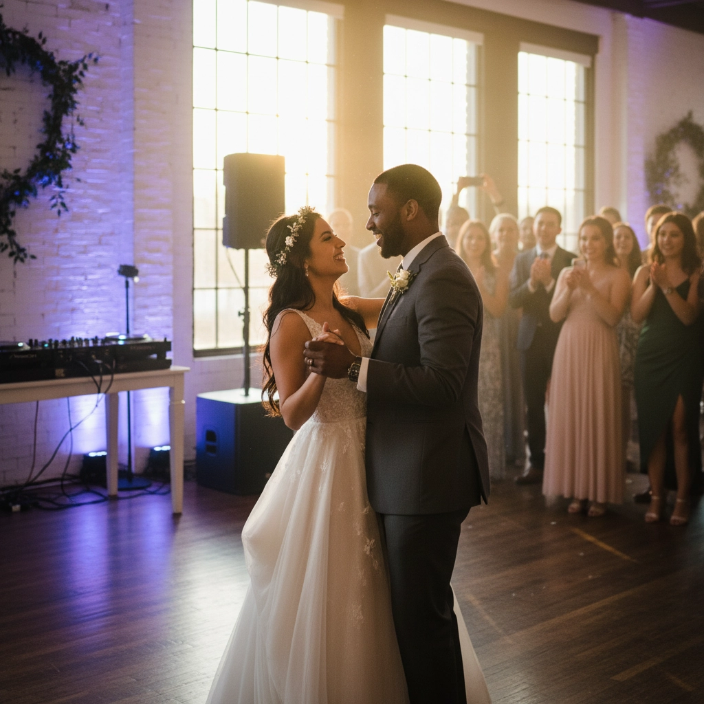 Bride and groom share first dance in elegant venue, surrounded by clapping guests. Warm lighting and floral decor enhance the joyful mood.