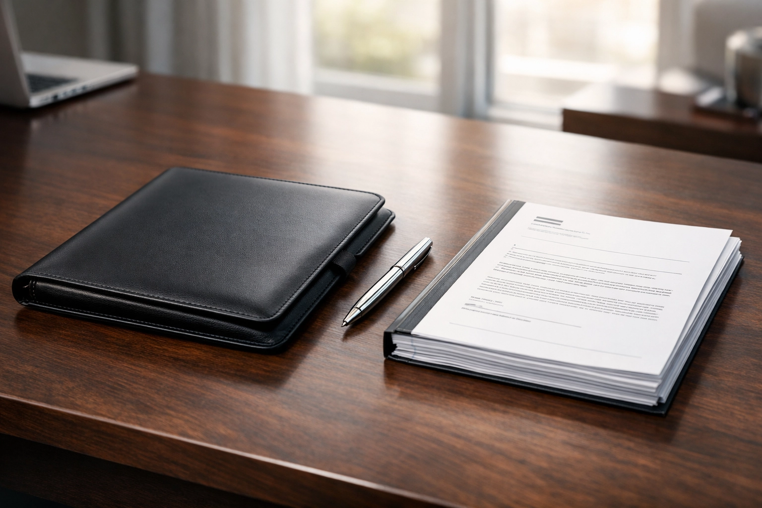 Organized business sale documents and portfolio on a professional office desk in Mississippi.