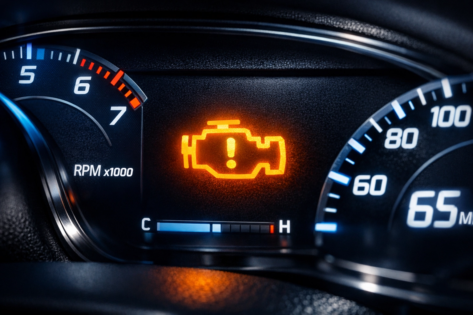Glowing amber check engine light on a car dashboard requiring professional auto repair in Waipahu.