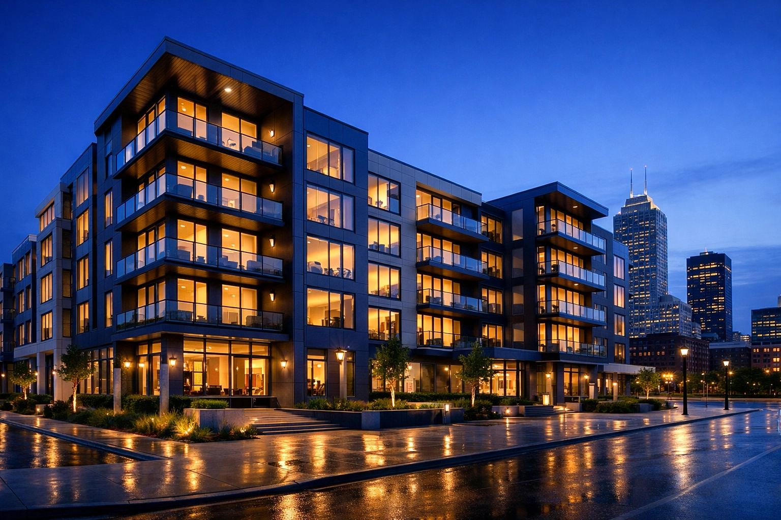 Modern multi-family apartment complex in downtown Indianapolis representing professional property management.