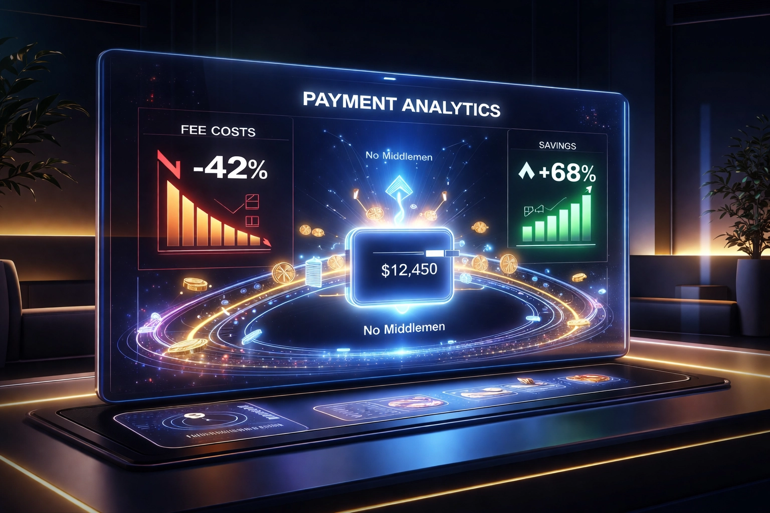 Merchant payment analytics dashboard showing Web3 fee savings and direct crypto wallet transfers