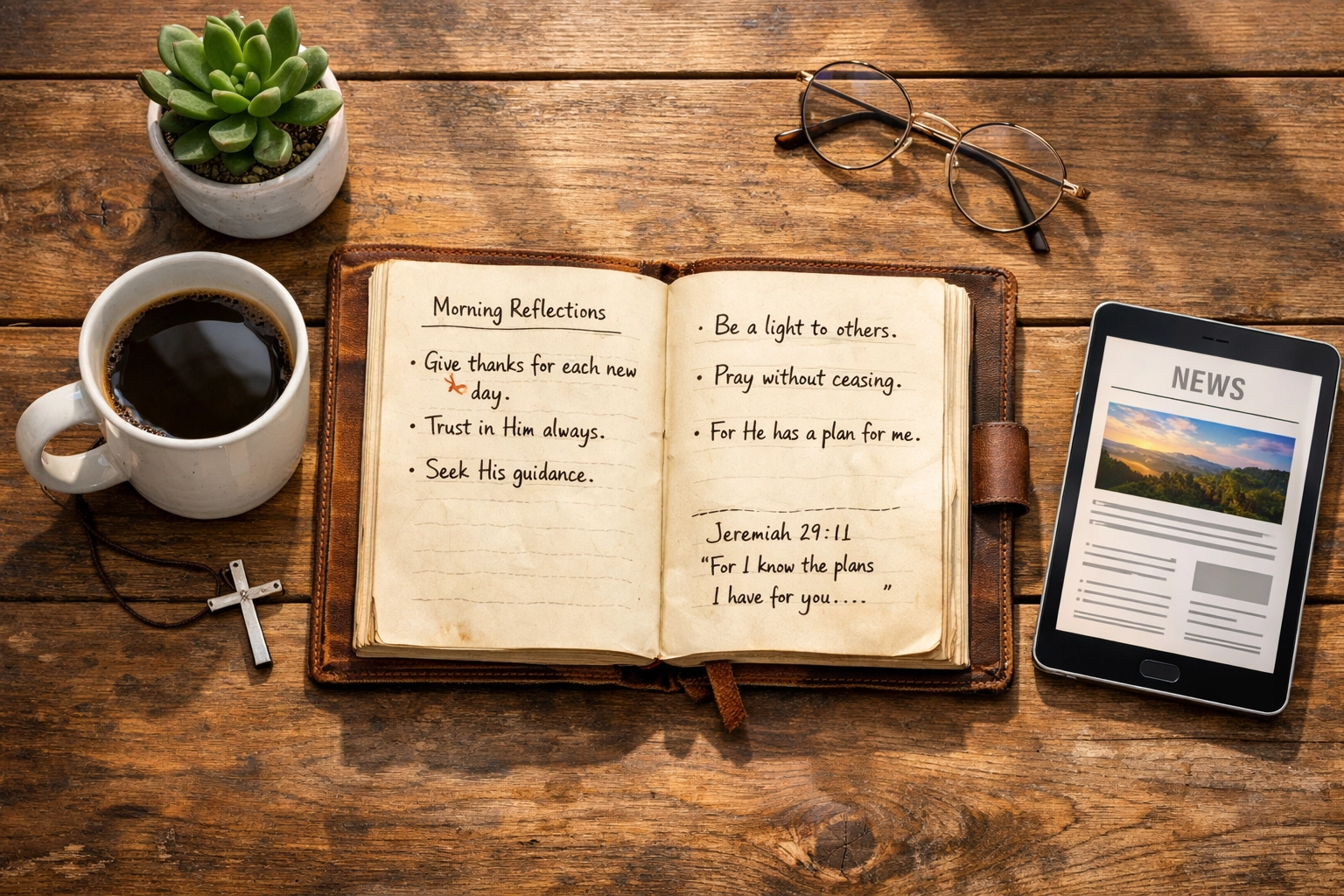 Morning devotional setup with journal, coffee, cross, and tablet for faith-based news