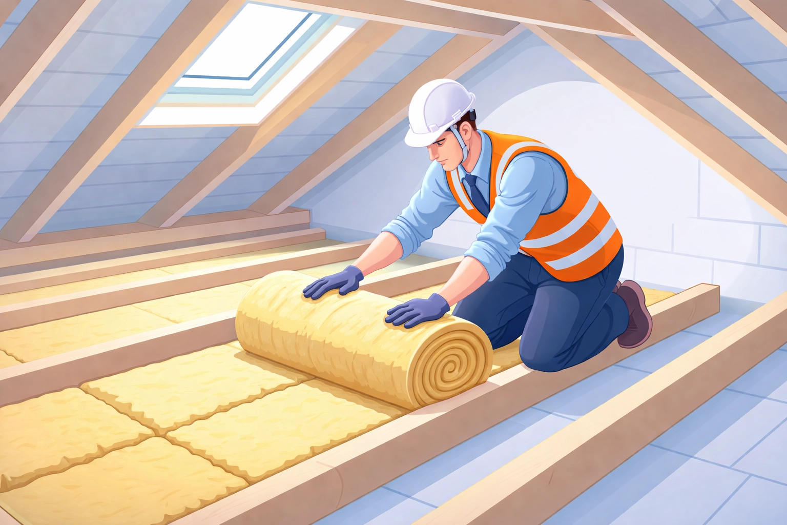 Attic installer adding mineral wool insulation between joists, demonstrating proper loft insulation upgrade