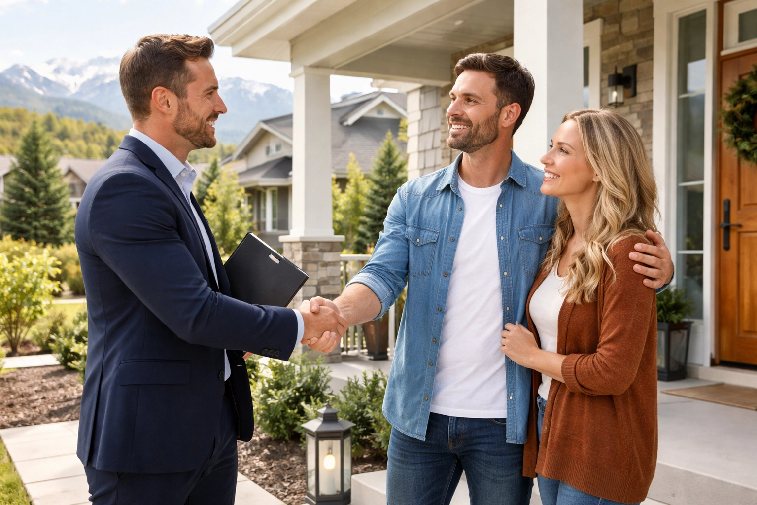 Real estate agent shaking hands with couple in front of modern Colorado home after negotiation