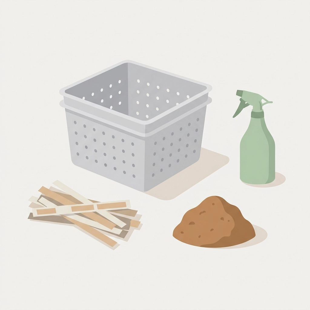 Minimal flat illustration showing supplies needed for worm composting: bin, shredded newspaper, soil, and spray bottle