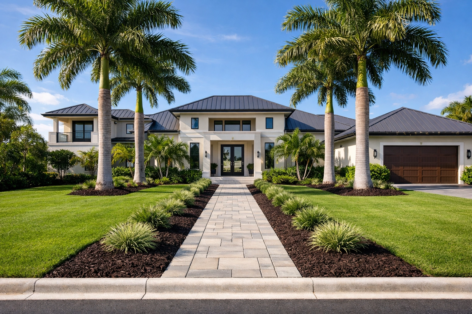 Professional Sarasota landscape installation with fresh dark mulch, stone walkway, and new sod.