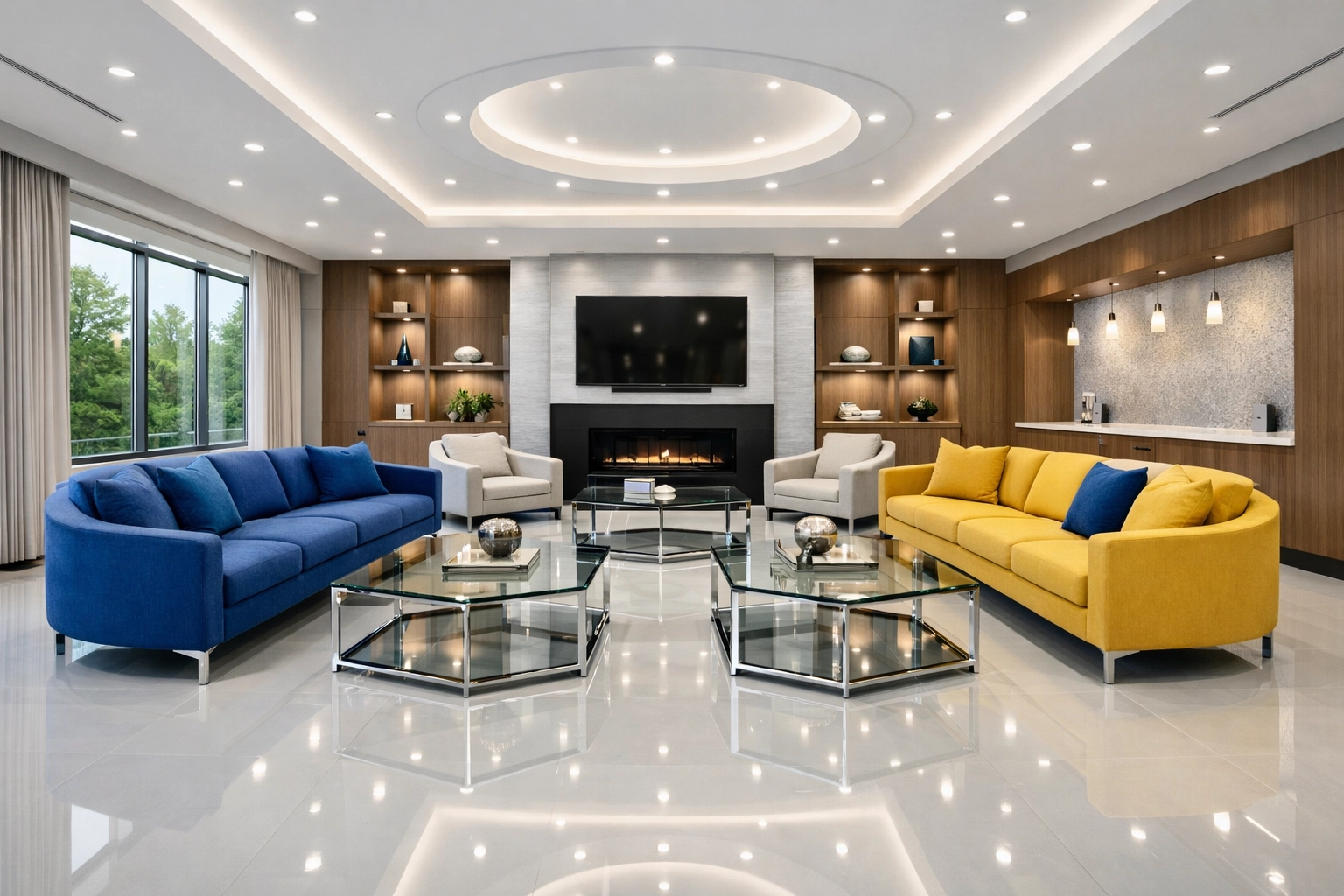 Pristine luxury office lounge in Boxborough showing the results of professional deep cleaning services.