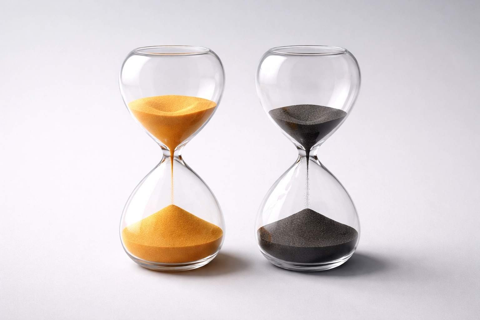 Two hourglasses side by side illustrate the difference between chronological age and biological age.