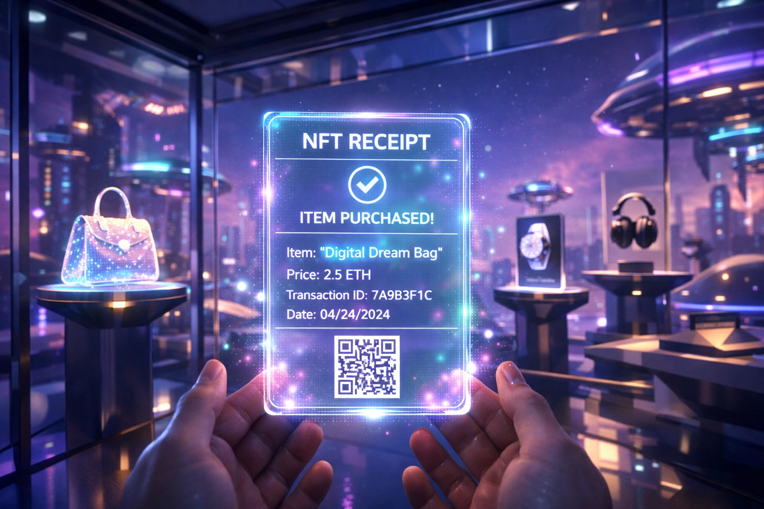 Holographic NFT receipt hovering in a futuristic metaverse shop for secure Web3 payments via Larecoin.