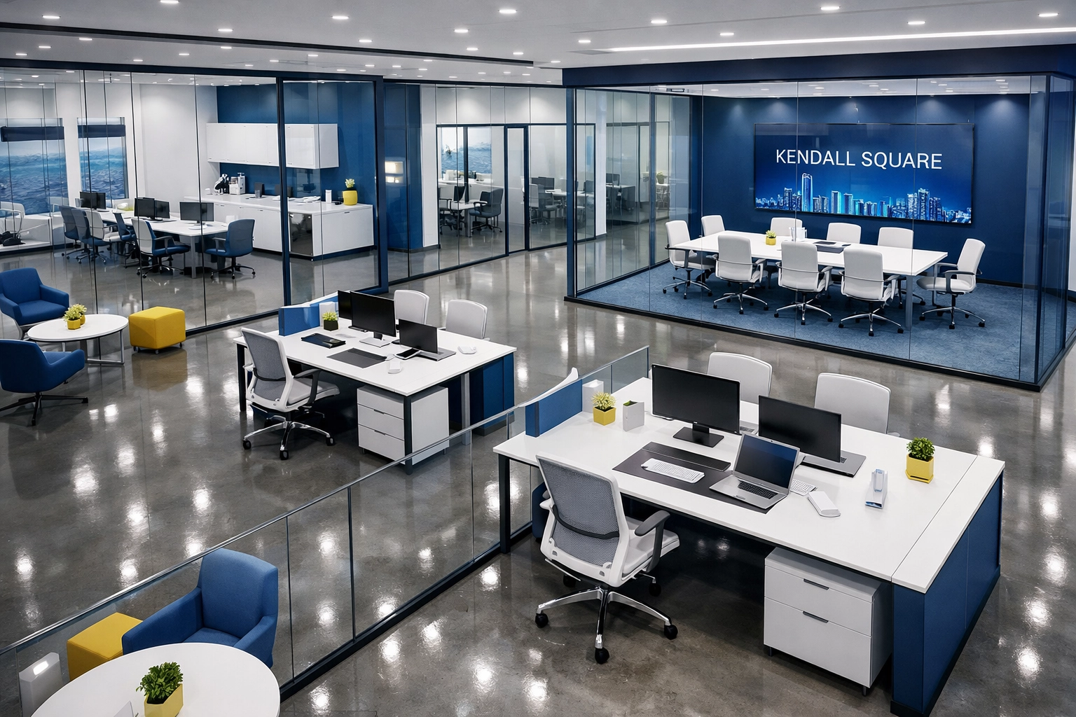 Clean, organized Kendall Square startup office highlighting professional office cleaning Cambridge results.