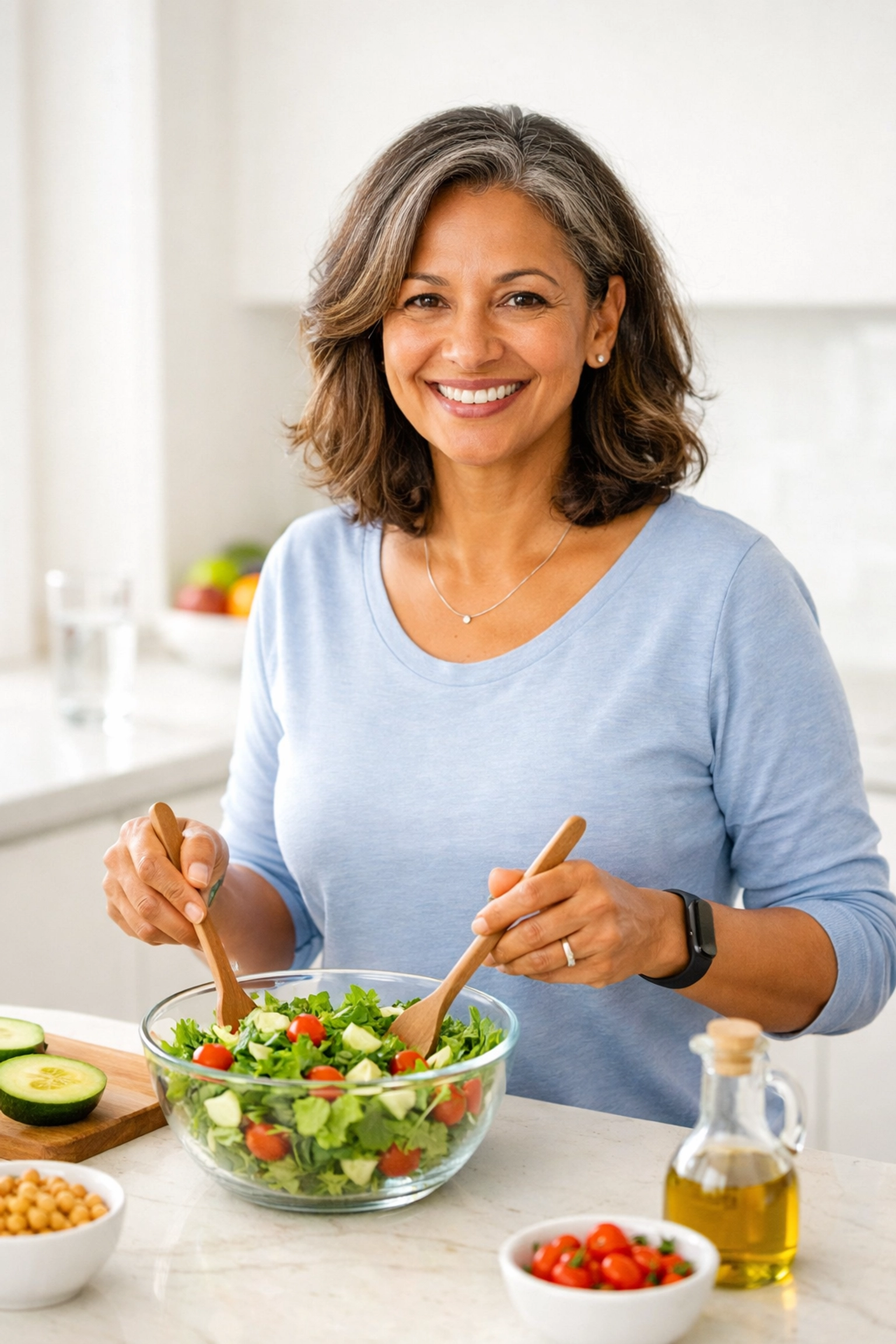 A woman preparing a healthy meal, reflecting a balanced lifestyle while using a medical Wegovy substitute.