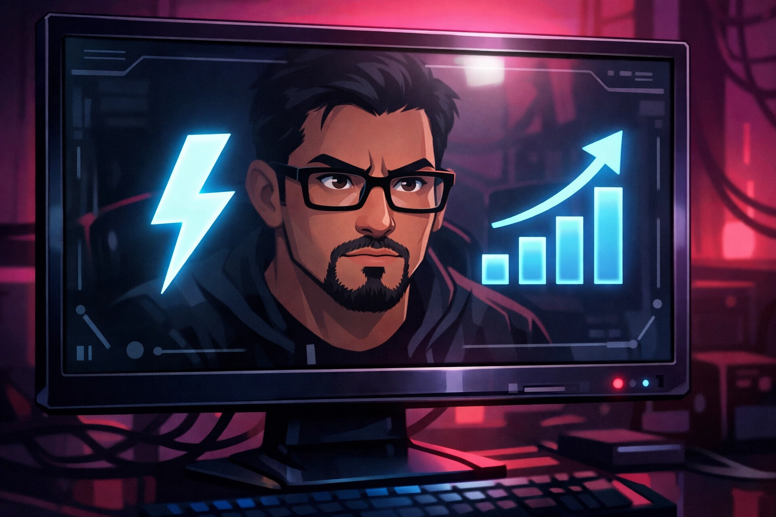 Digital business dashboard showing growth metrics with a reflection of Matthew Elizondo.