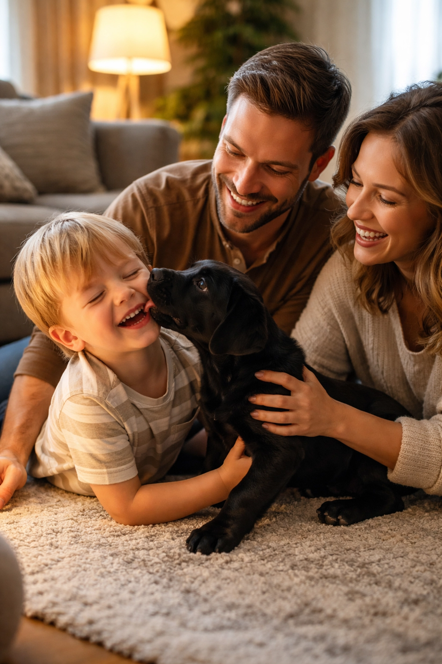 Family bonding with a newly fostered black lab puppy in their living room, showing the joy of fostering rescue dogs