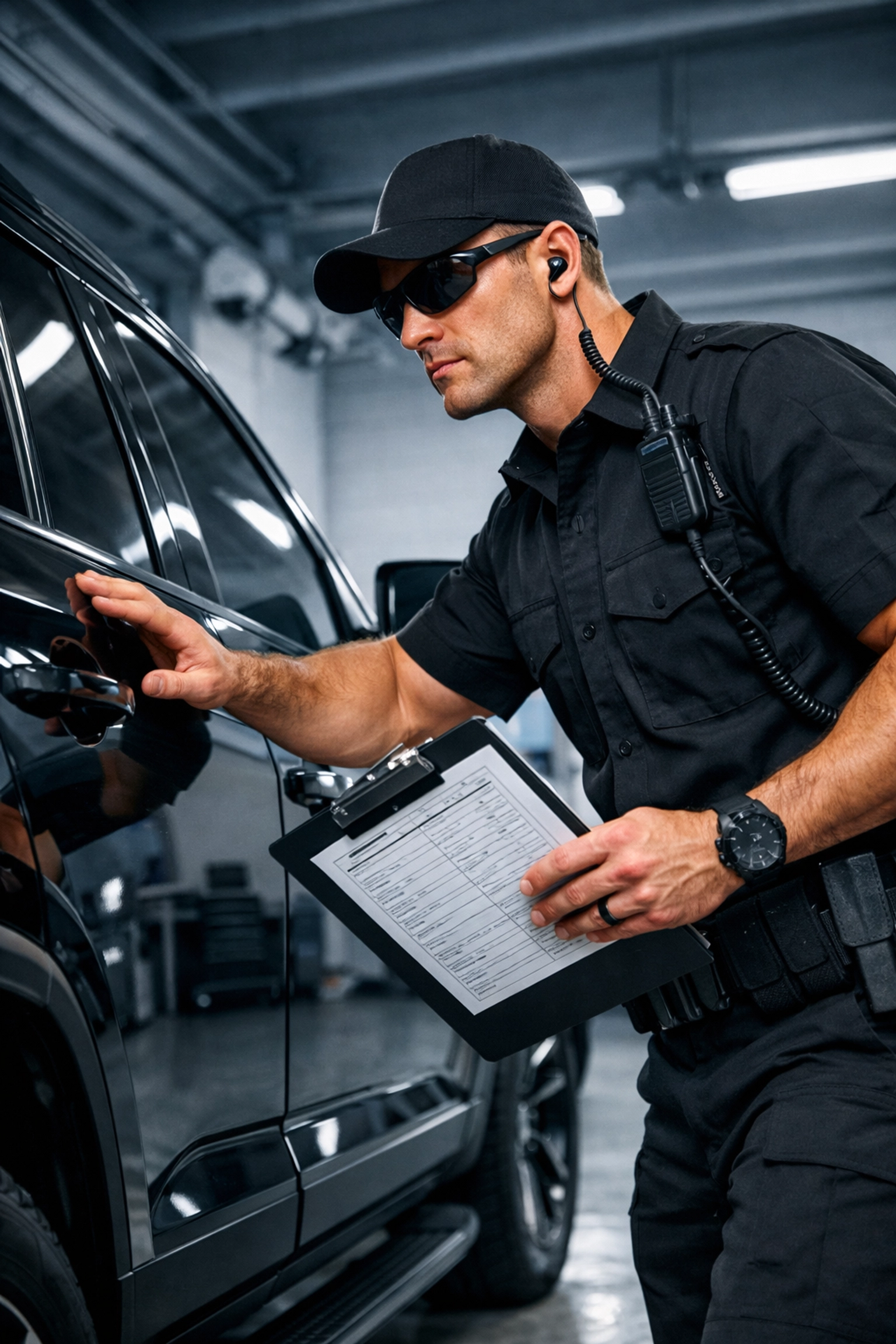 Armed security driver in Medellin conducting professional vehicle inspection