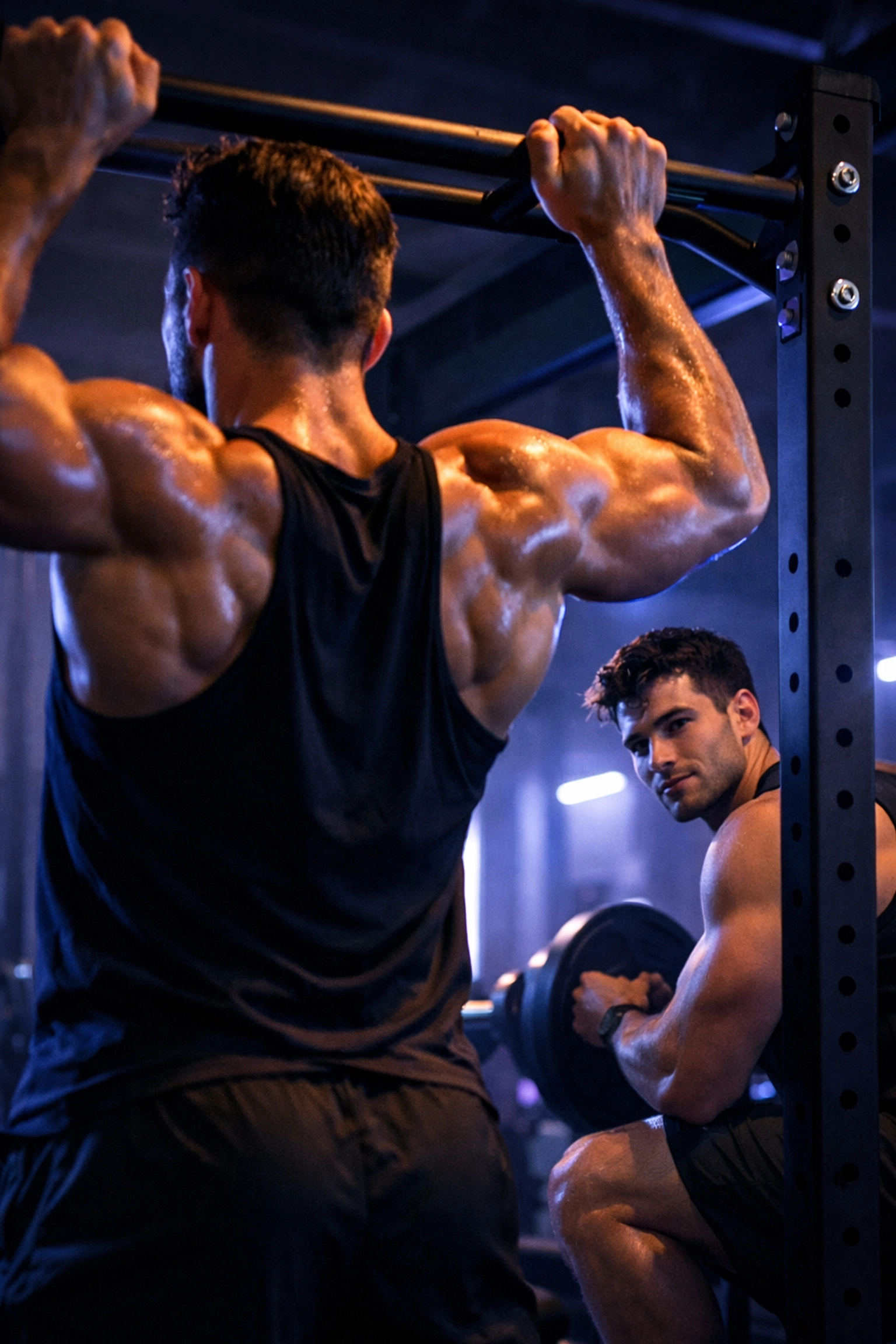 Two men at gym, one working out while another watches - gay gym crush moment