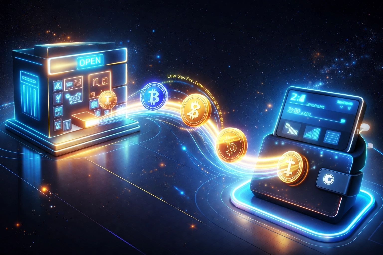Digital payment with crypto coins and stablecoin symbols flowing in a metaverse store, highlighting low gas fees and seamless Web3 commerce.