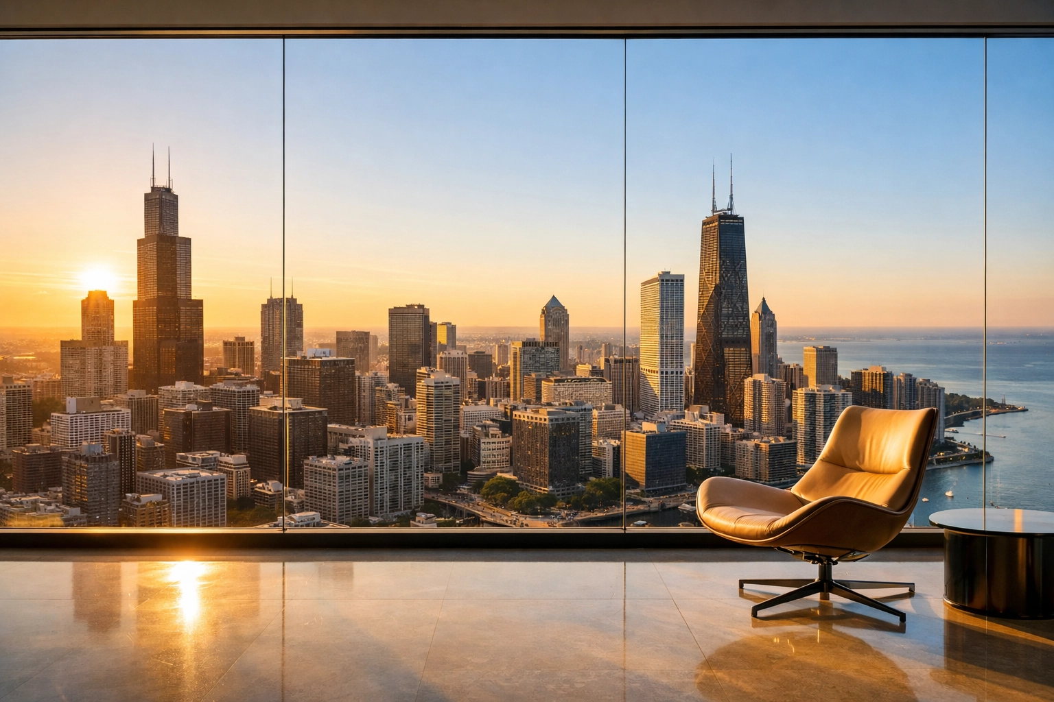 Clean office window overlooking the Chicago skyline, showcasing professional metropolitan property maintenance.