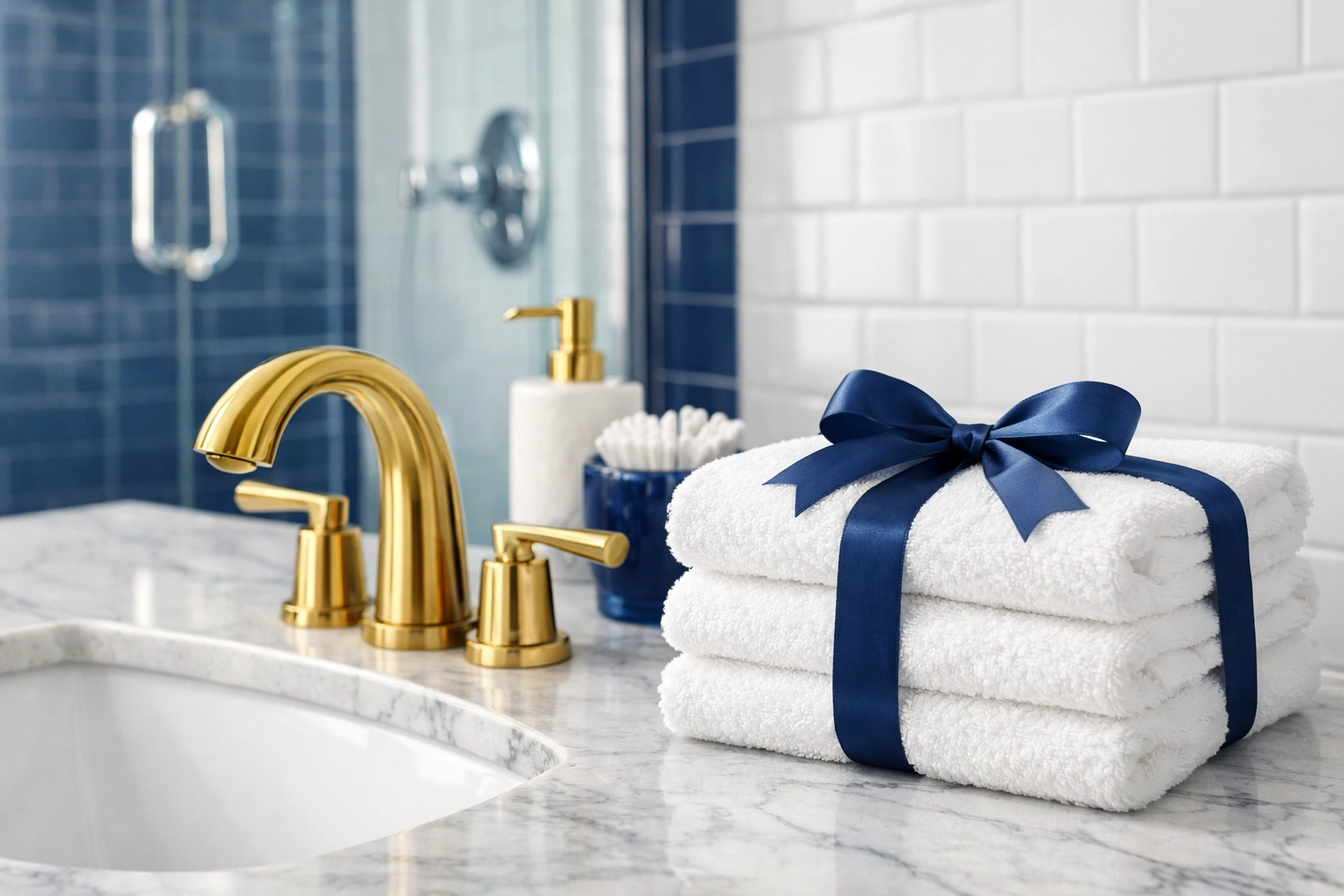 Clean guest bathroom with marble vanity and fresh towels, part of a holiday house cleaning in Shrewsbury.