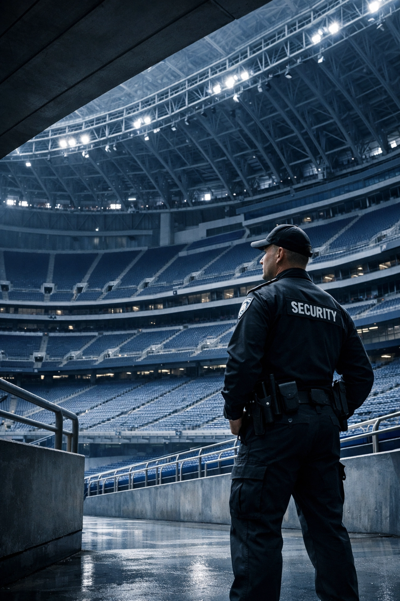 Professional security guard in a large stadium representing Enhanced Tier Martyn's Law requirements.