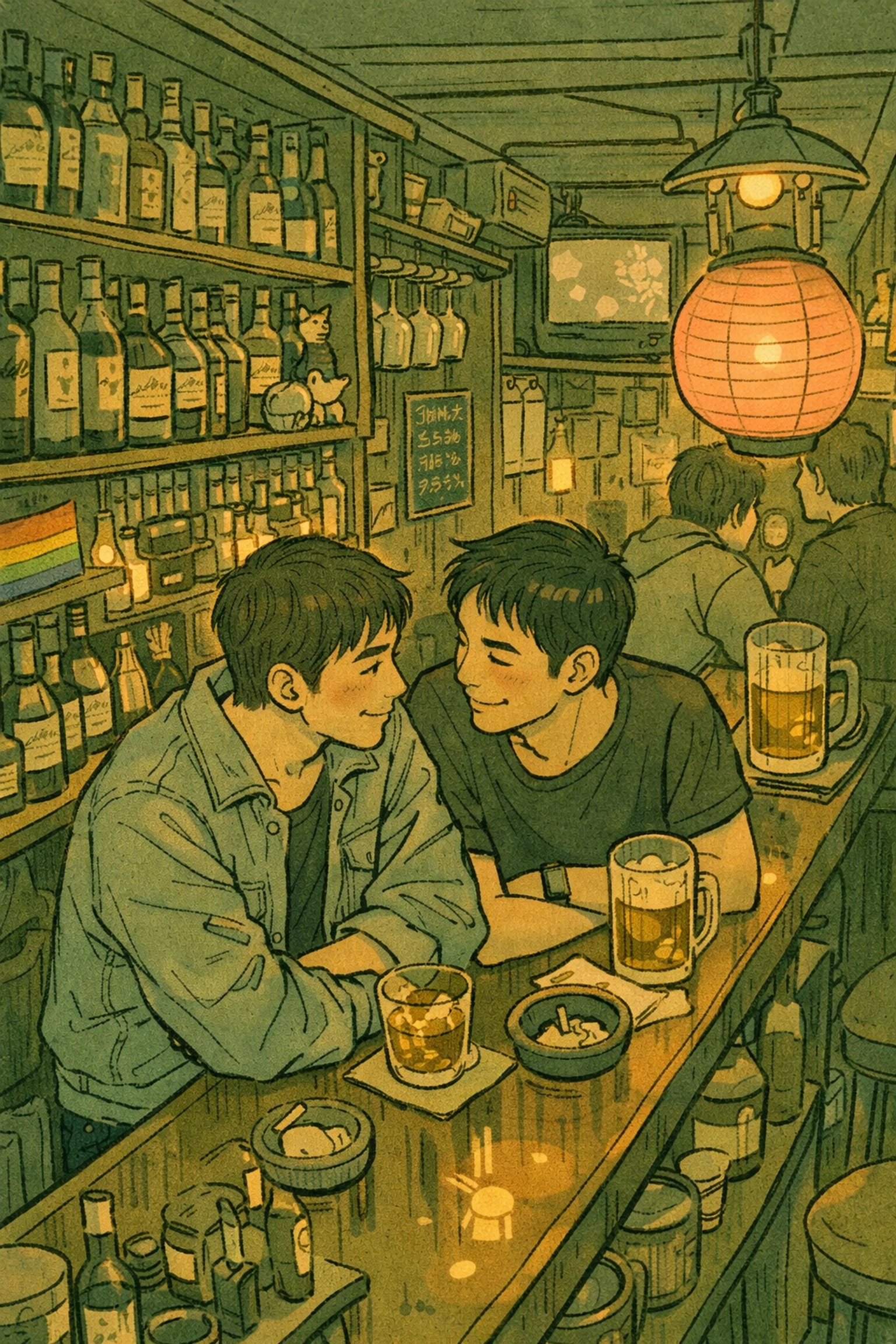 Two men connecting in intimate Tokyo gay bar interior with warm lighting