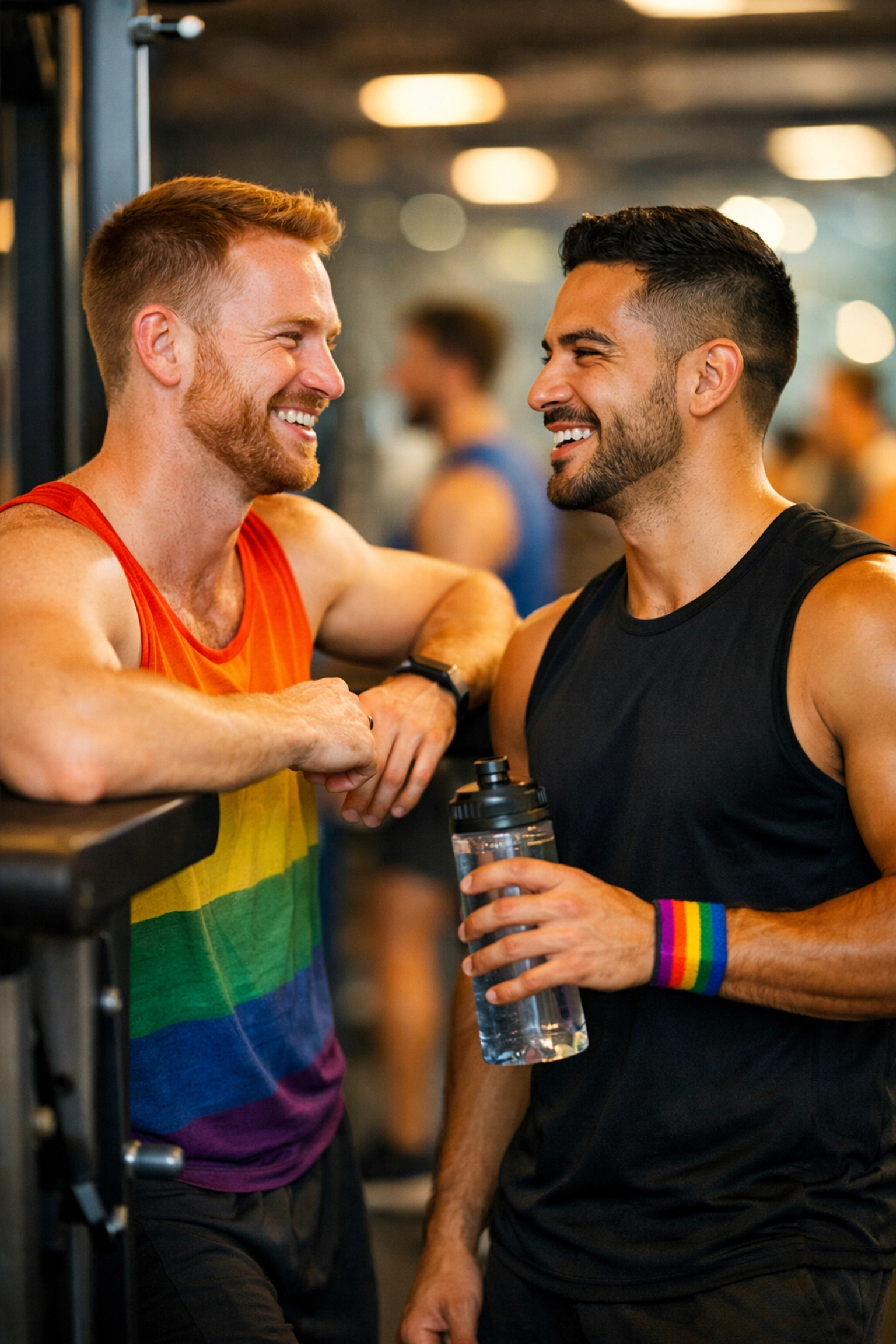 Two gay men building friendship and connection while chatting together at the gym