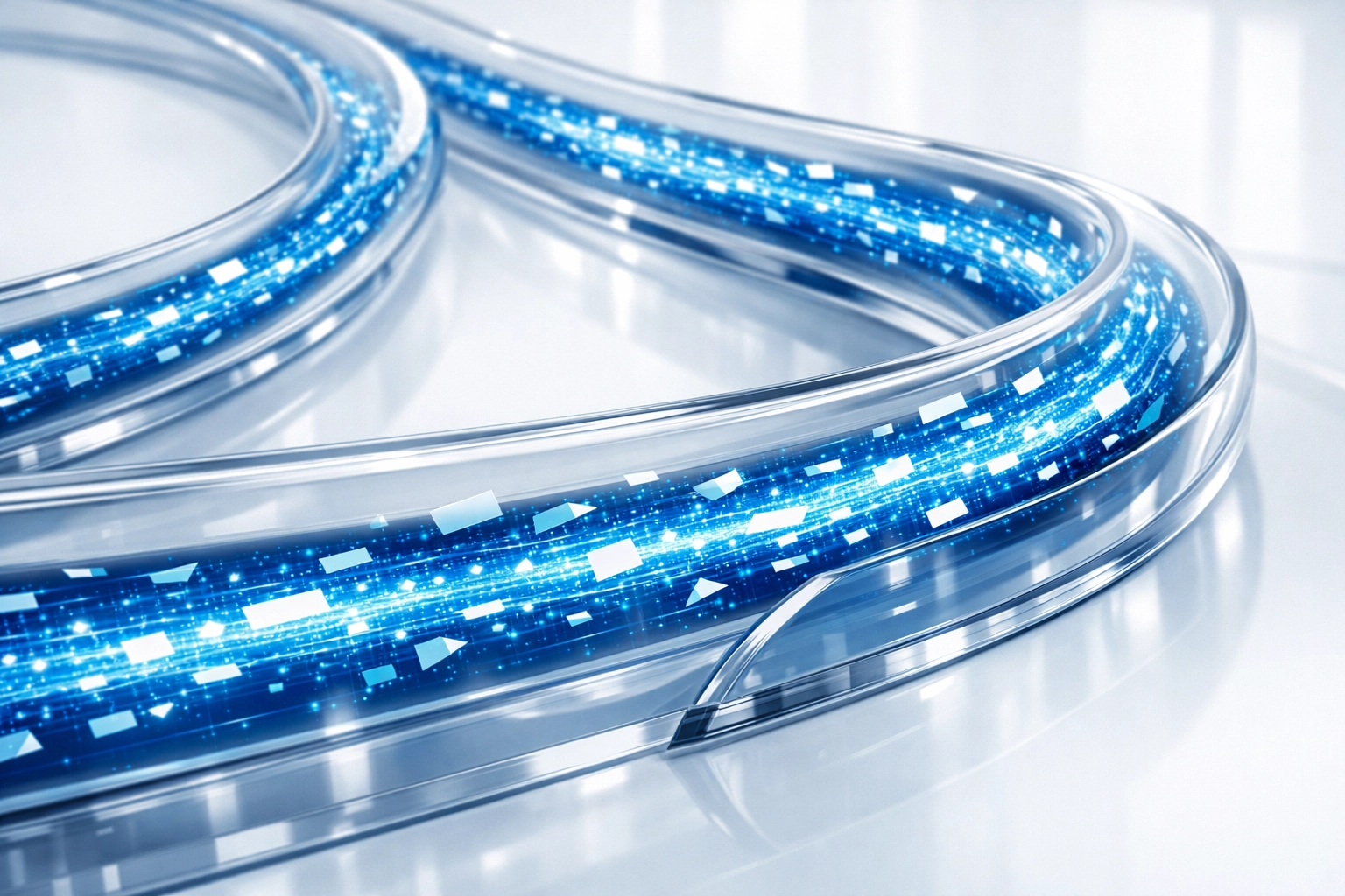 Synchronized blue data streams representing automated file management and streamlined business communications.