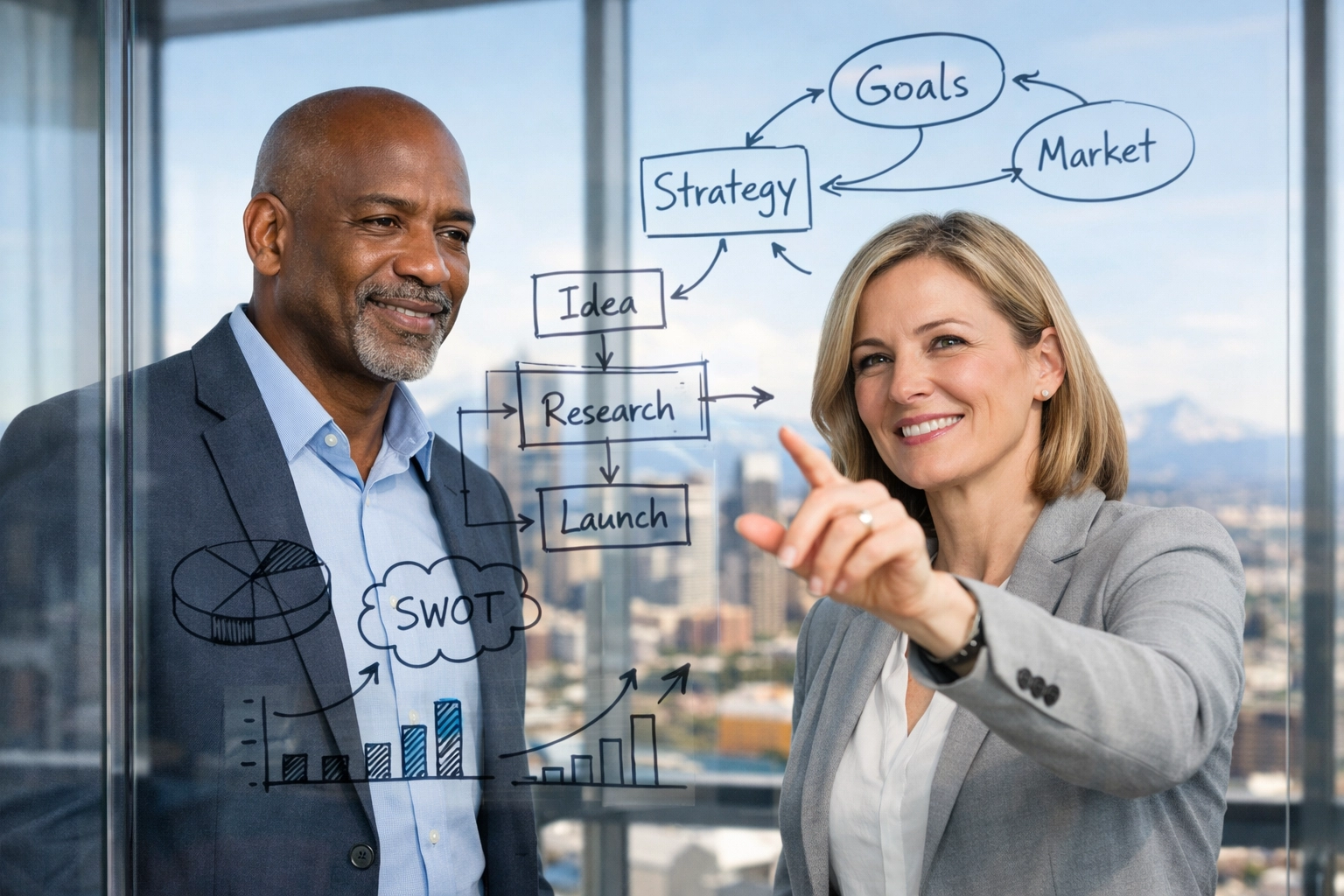 Dakdan Worldwide executives collaborating on a strategic partnership framework in a sunlit Denver boardroom.