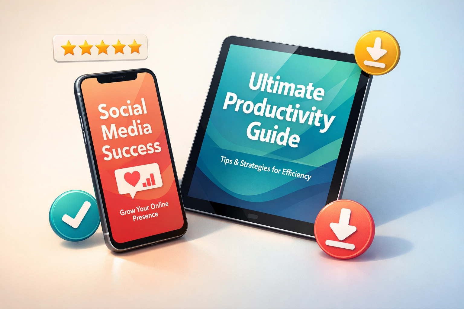 Digital products displayed on smartphone and tablet with customer ratings