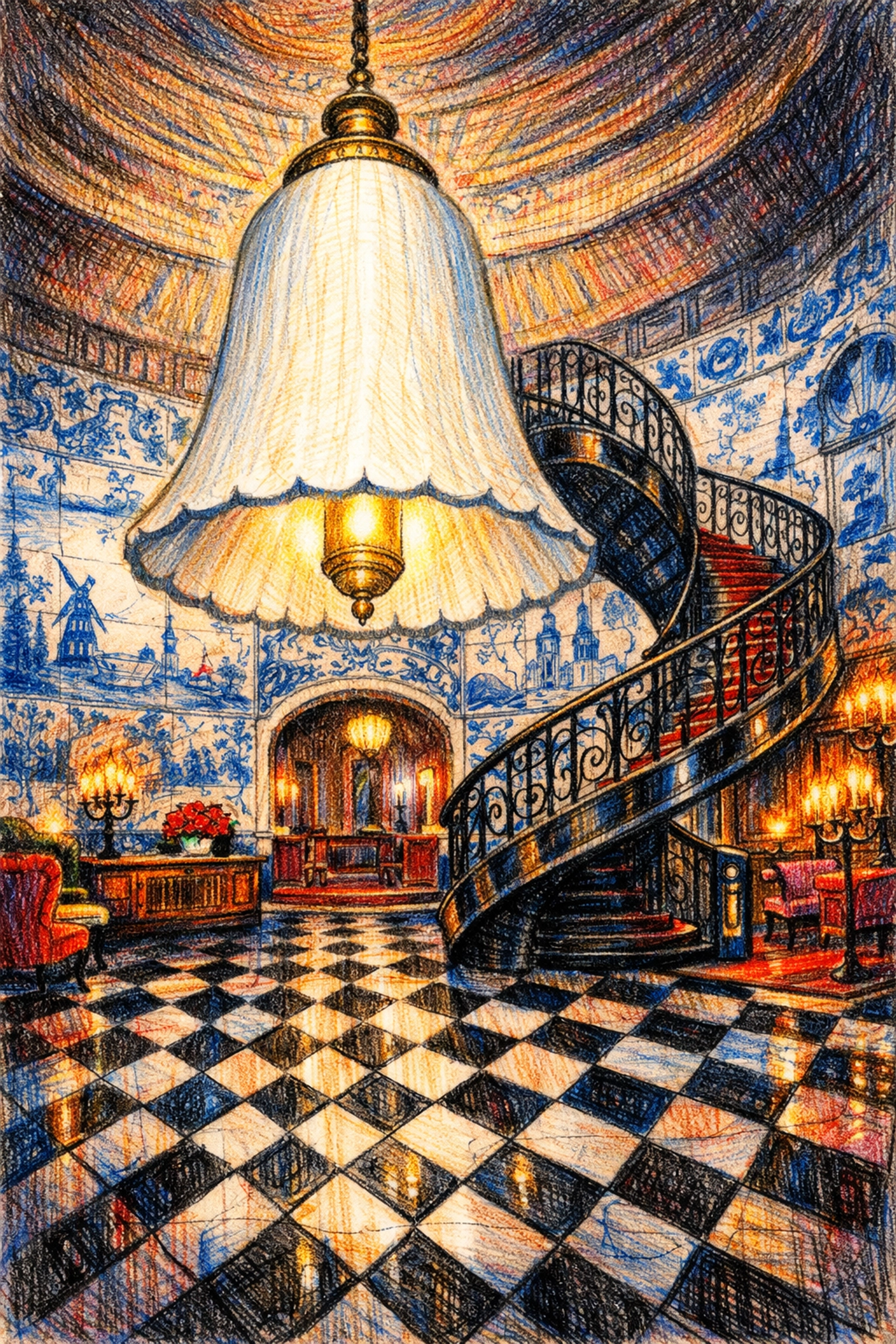 Theatrical luxury hotel lobby design with an oversized chandelier and ornate spiral staircase.