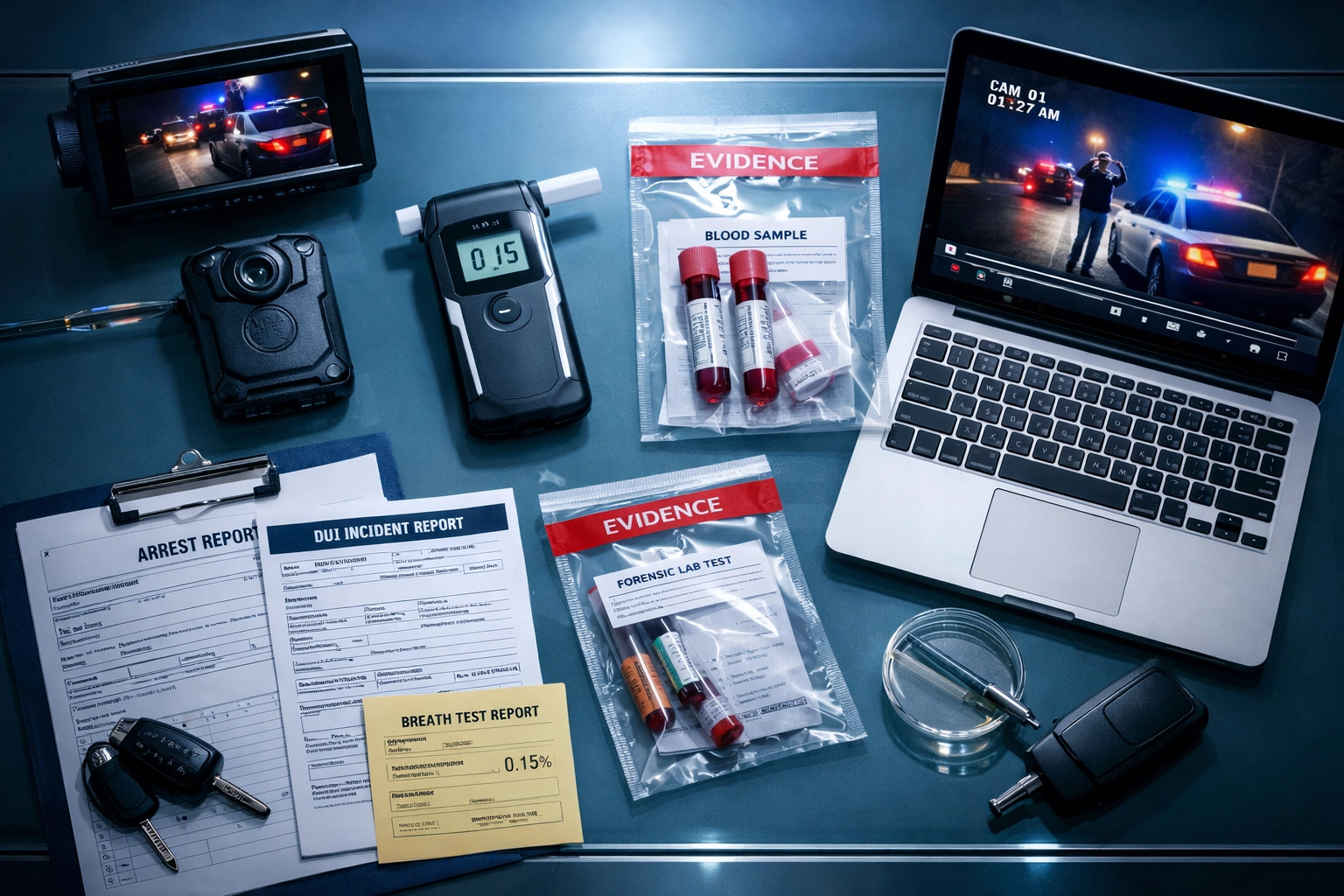 DUI case evidence including police cameras, breathalyzer, and blood test documentation