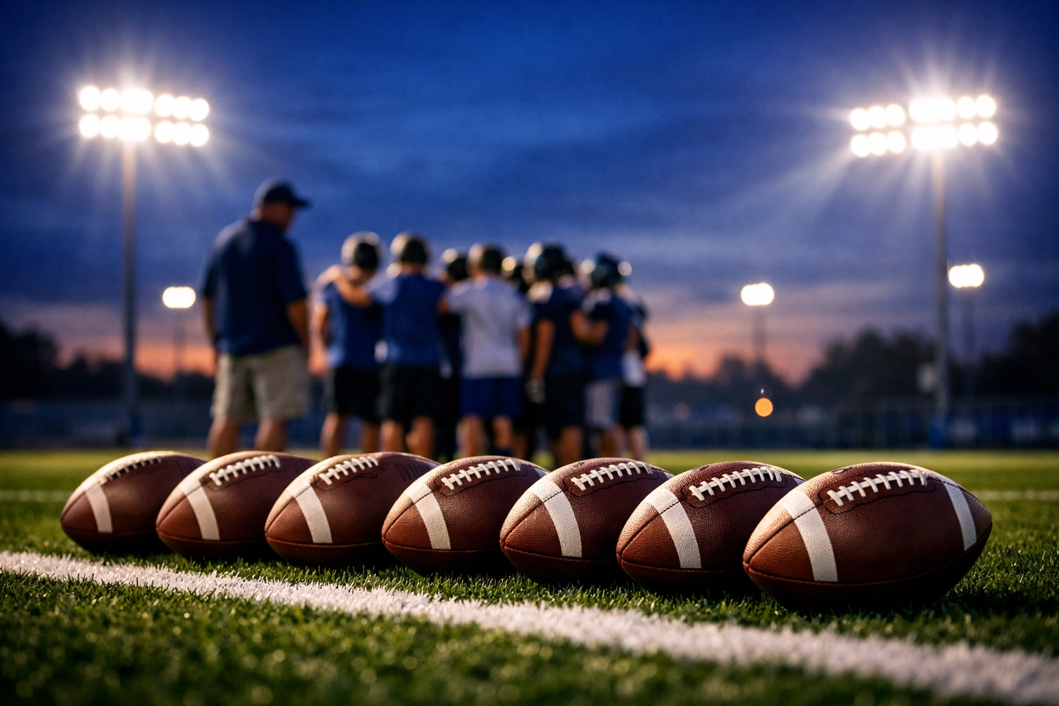 Footballs on a turf field under stadium lights for the Capital QB spring training camp in Ottawa.