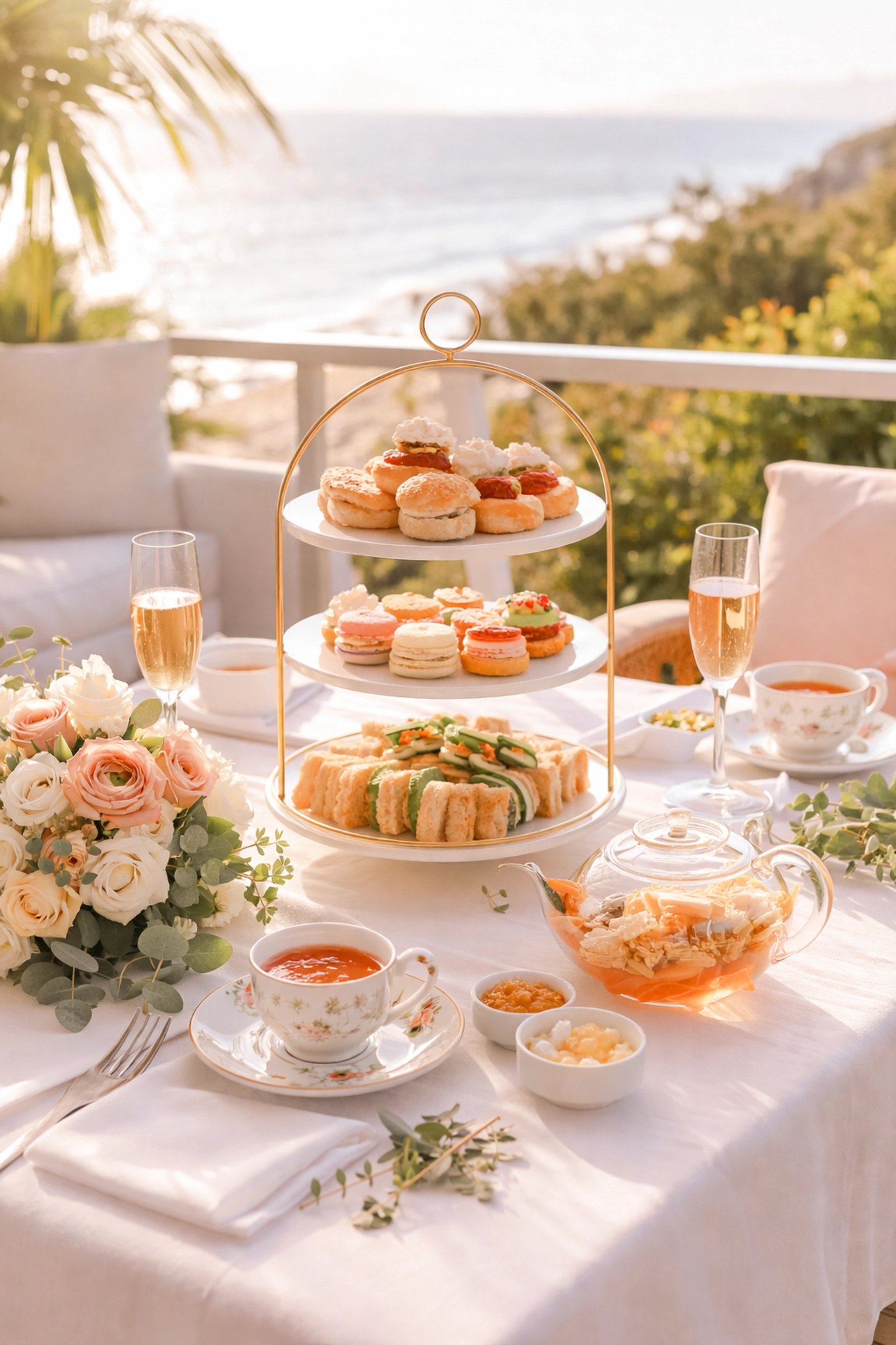 Modern California afternoon tea on a patio with ocean view, featuring scones and finger sandwiches