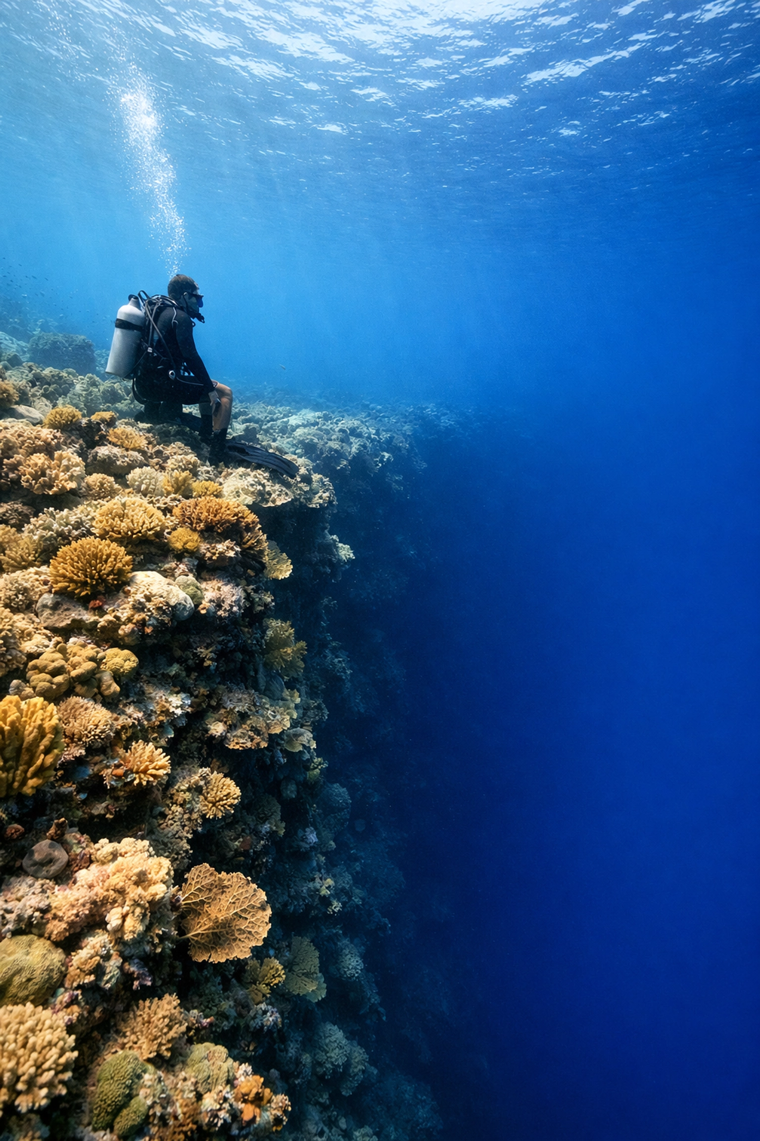 Scuba diver at the edge of the vertical Wall in St. Croix diving into the deep blue.