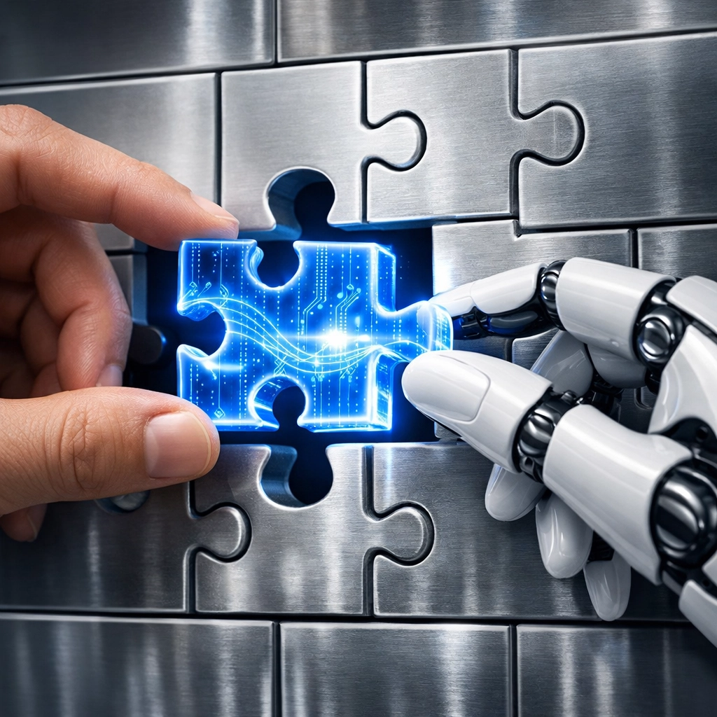 Mensch und KI-Roboterhand fügen Compliance-Bausteine im Unternehmen zusammen