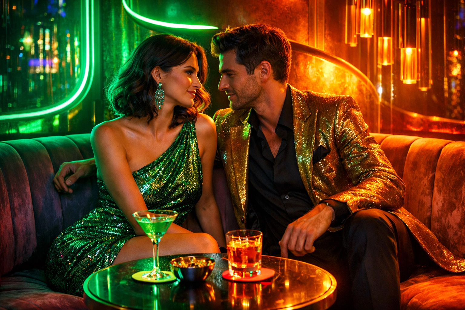 Two people in a club booth bathed in green and amber light representing levels of sexual consent.