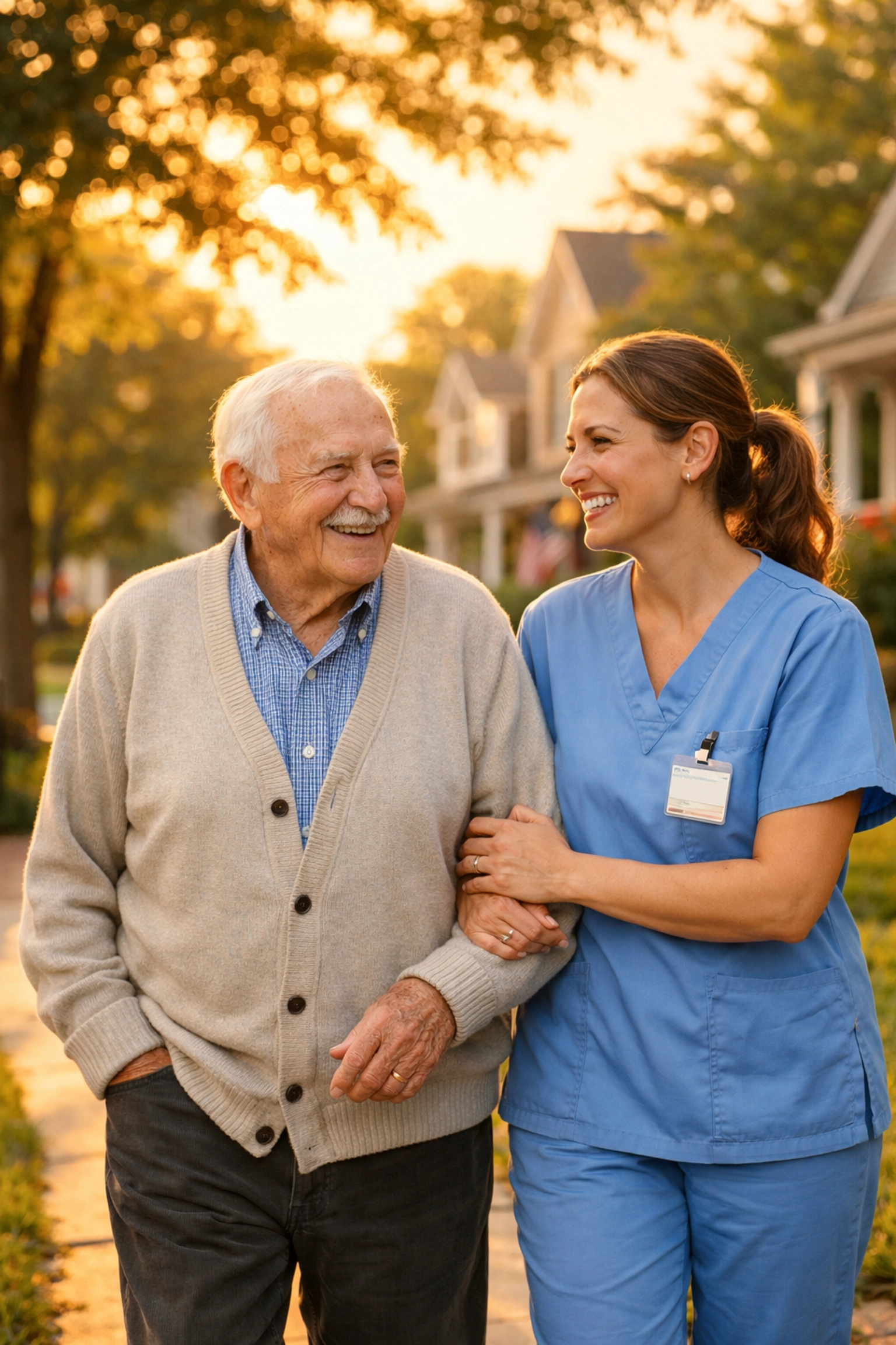 Caregiver assisting elderly man on walk in Northern Virginia neighborhood