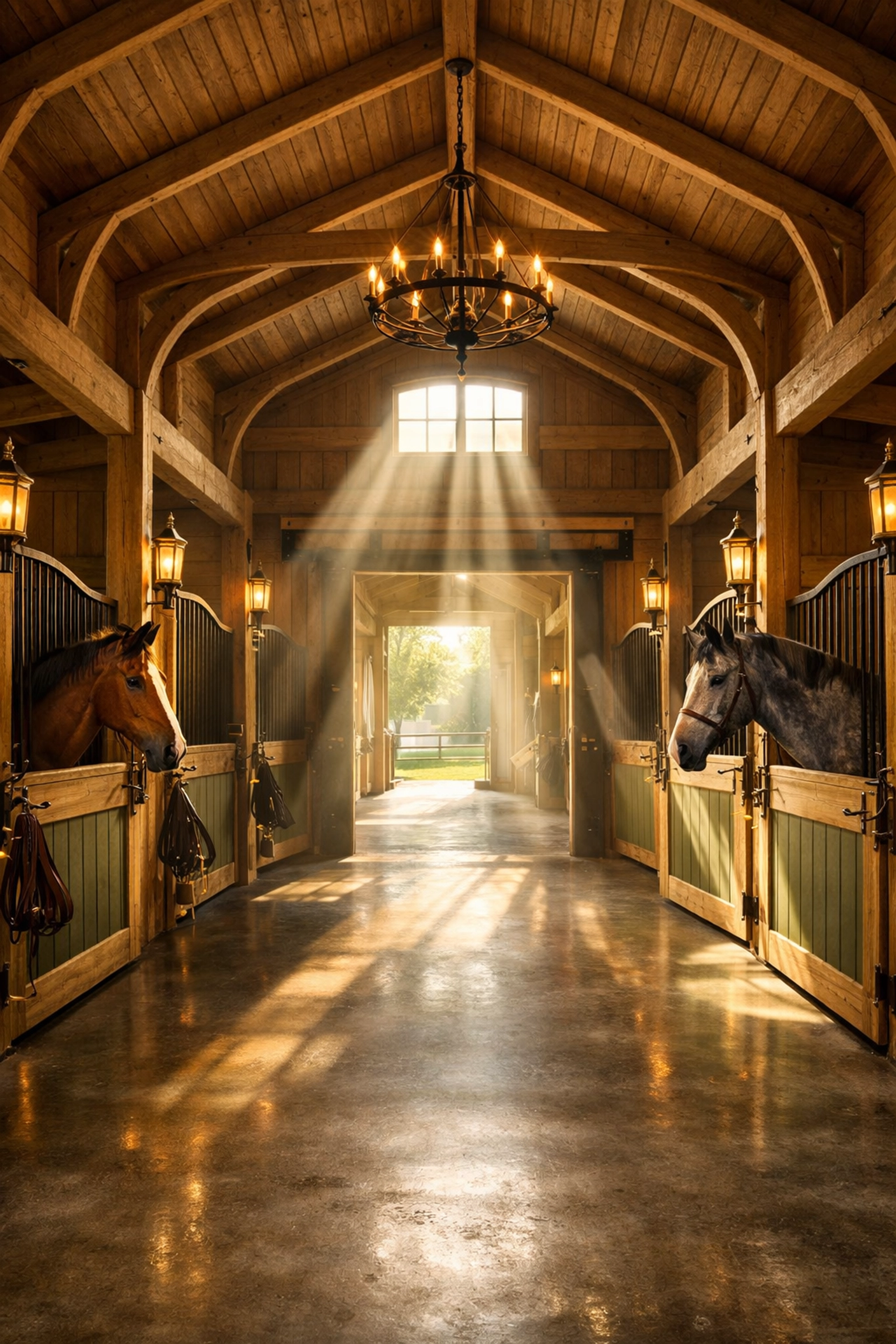 Luxury barn interior with center aisle, horse stalls, and natural light for equestrian properties