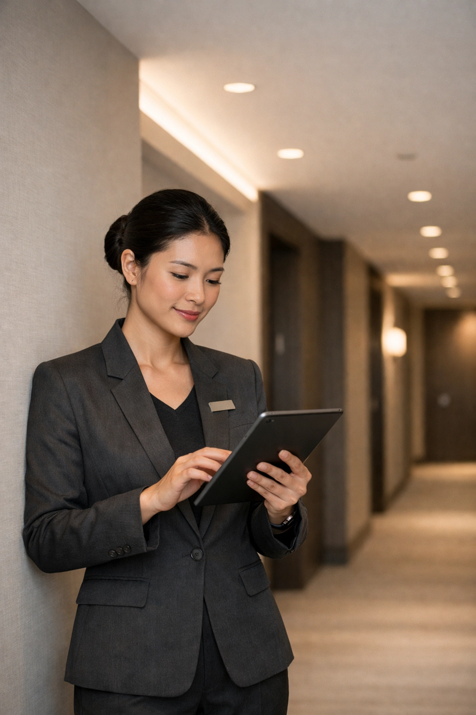 Hotel staff member using operational automation tools on a tablet in a bright hotel corridor.