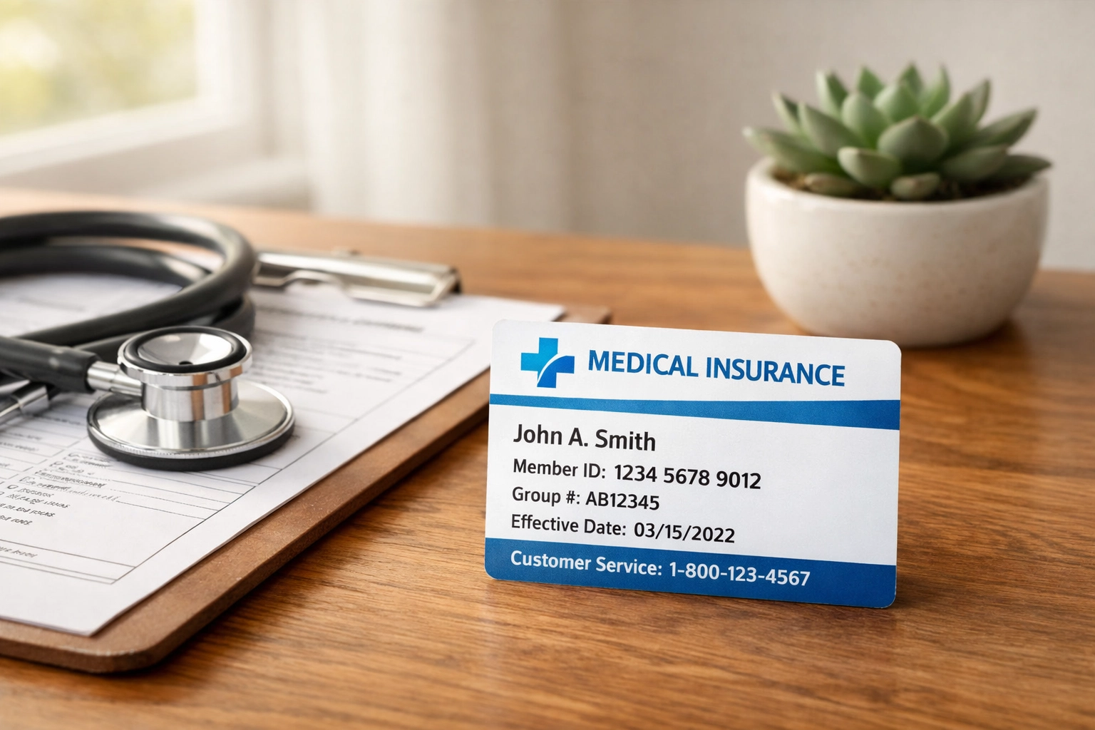 Medical insurance card with lab forms and stethoscope for functional medicine coverage