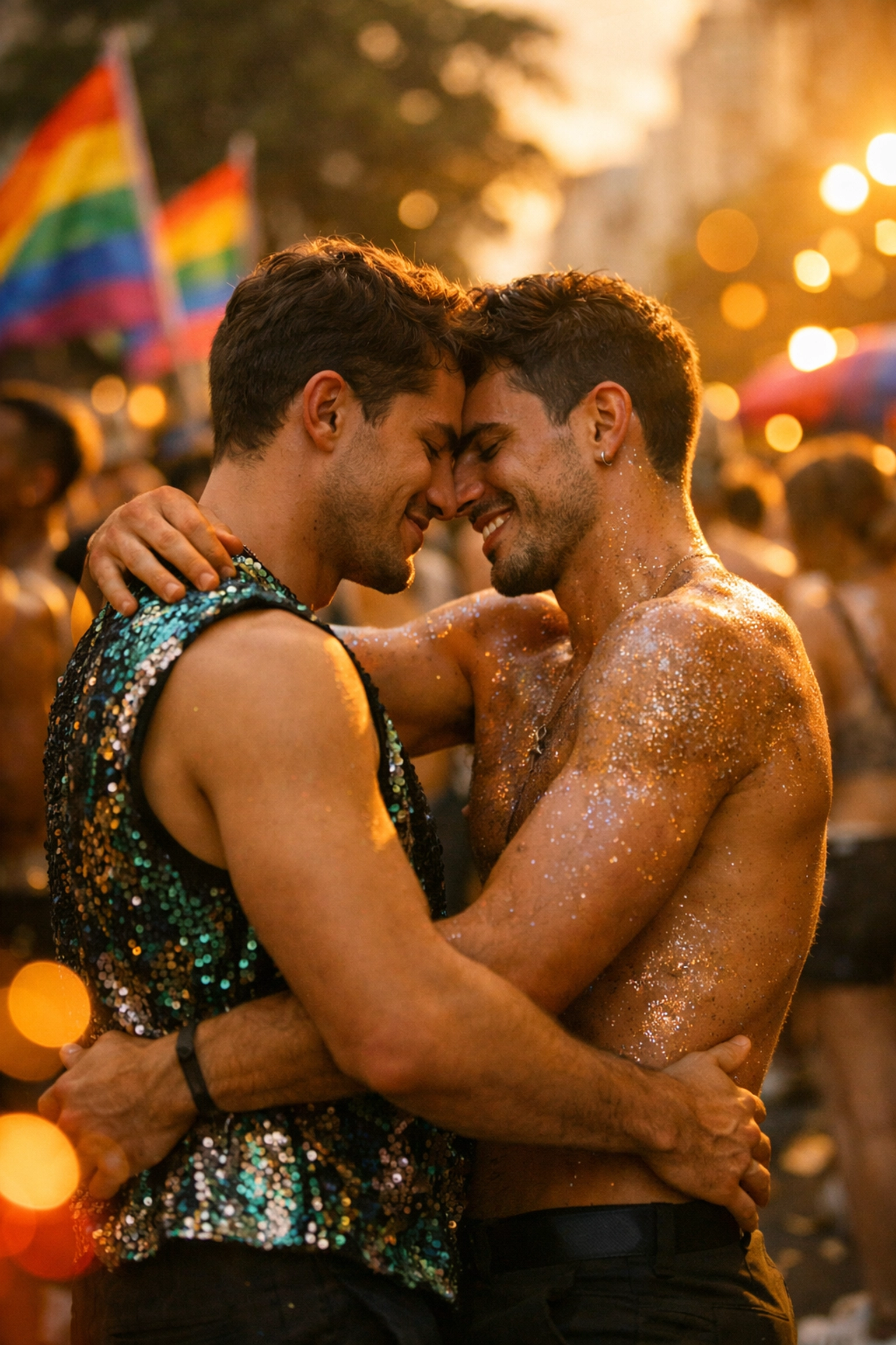 Two men dancing together at Rio Carnival street celebration with rainbow flags