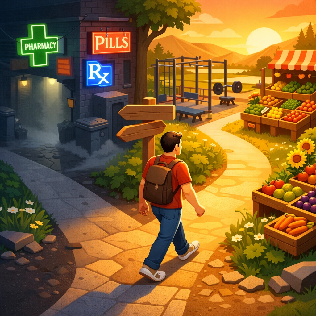 A man choosing a healthy lifestyle and farmer's market path over a dark alley labeled with pharmacy signs.
