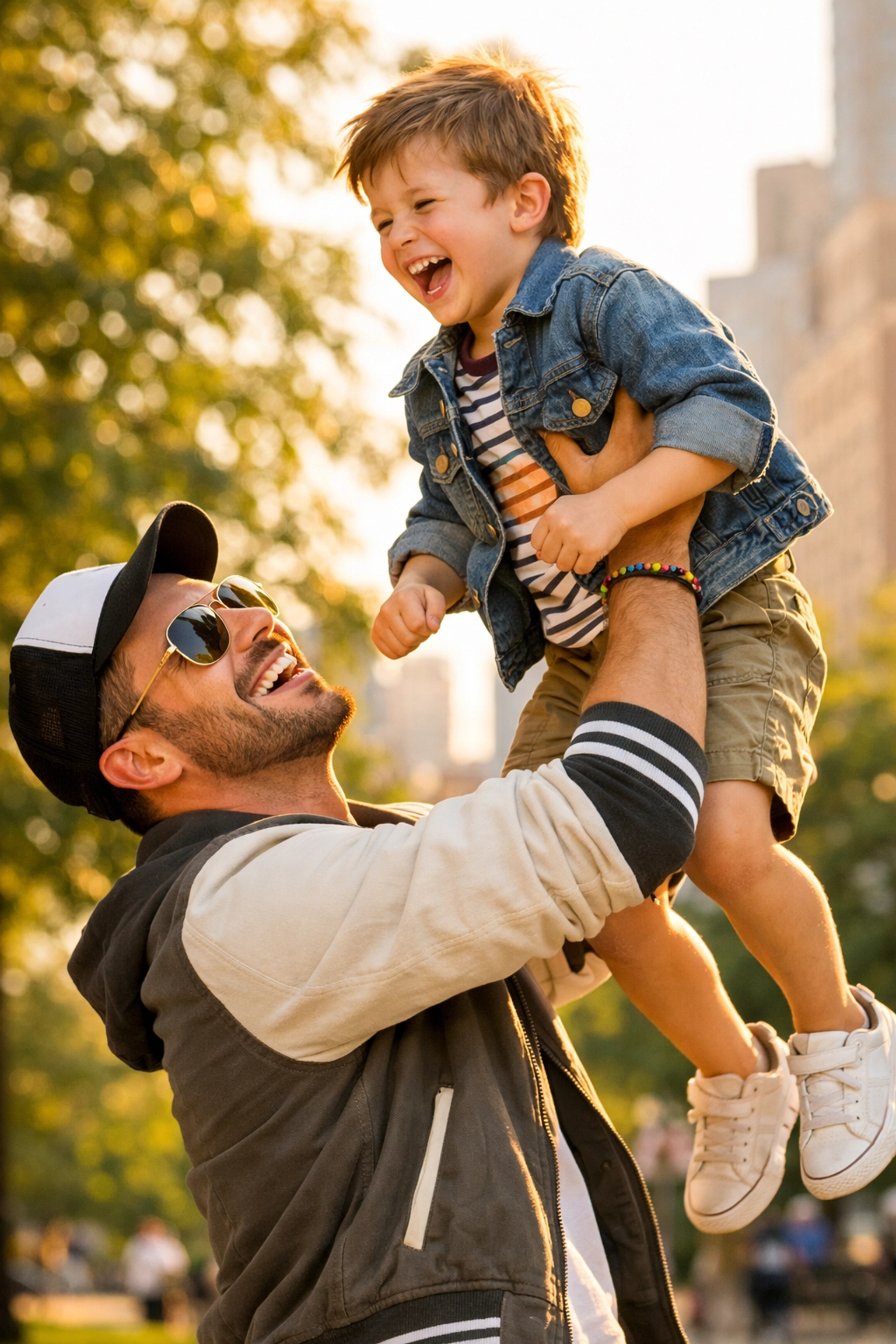 A joyful gay uncle lifting his nephew in a park, embodying the authenticity found in LGBTQ+ family stories.